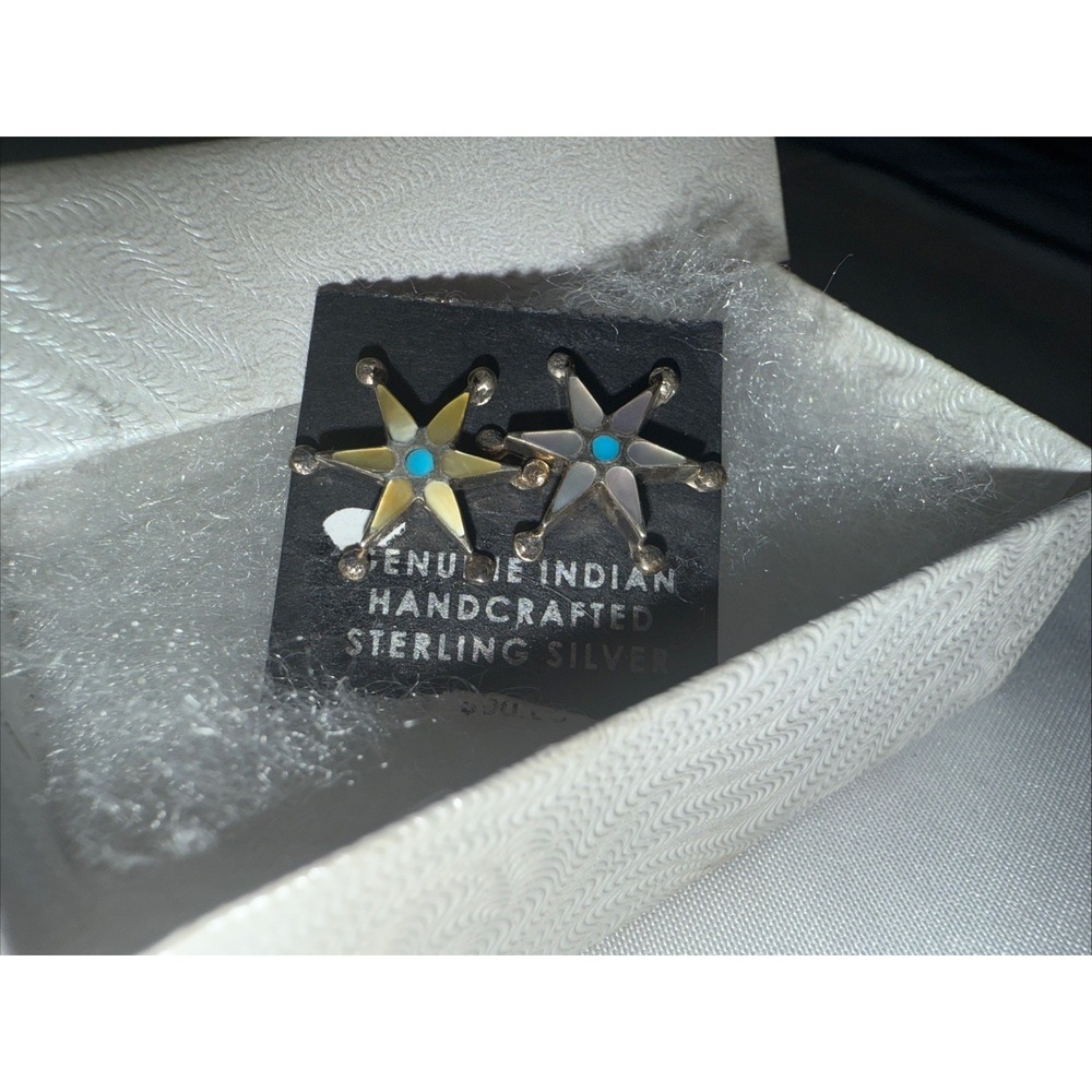 Genuine Indian Handcrafted Sterling Silver 6-point Turquoise Star Earrings NWT